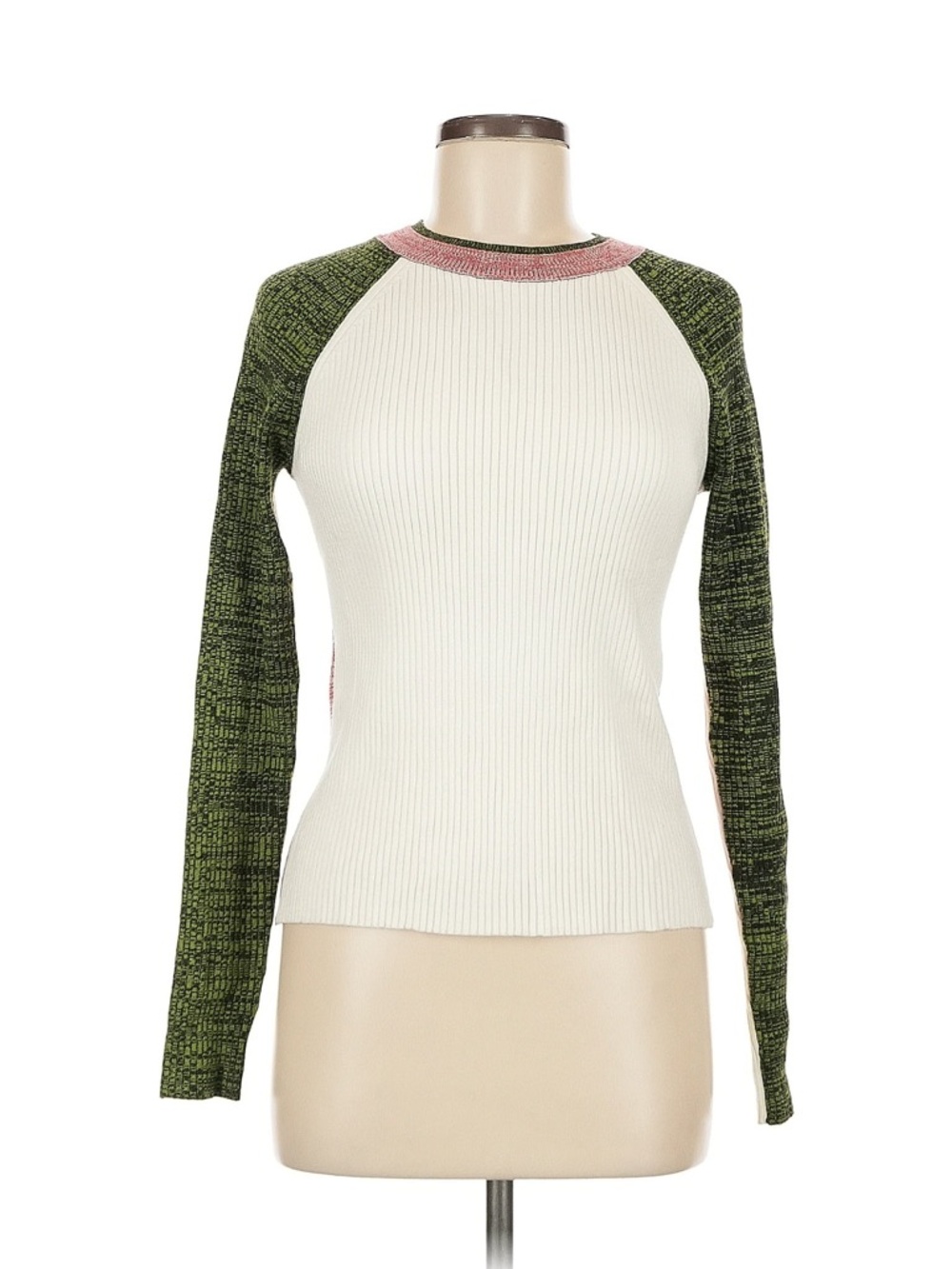 Desigual Ribbed Cream Sweater with Olive Green Raglan Sleeves and Pink Trim